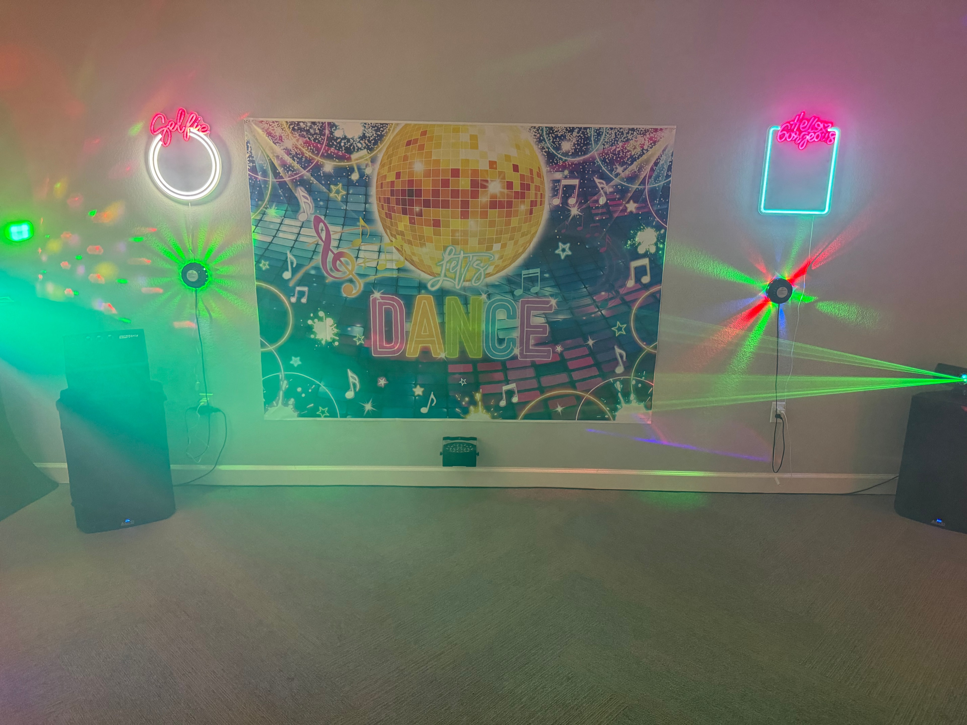 Dance floor with dramatic party lights and fog at Oklahoma Event Center